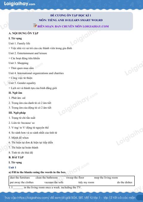 Đề cương ôn tập HK1 tiếng Anh 10 ilearn smart world có đáp án